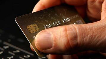 een extreem detailopname van een hand- Holding een credit kaart klaar naar maken een cyber maandag aankoop foto