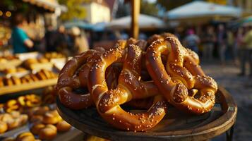 de geur van vers gebakken pretzels vult de lucht aanlokkelijk smaak bloemknoppen en toevoegen naar de algemeen zintuiglijk ervaring van oktoberfeest foto