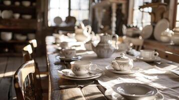 een lang houten tafel is reeks in een luchtig rustiek restaurant ruimte versierd met wit linnen tafelkleden en elegant komt niet overeen China gerechten foto