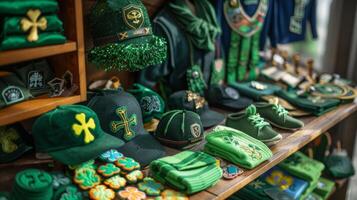 een Scherm van divers st. patricks dag themed handelswaar inclusief groen hoeden badges en sokken allemaal opscheppen de iconisch keltisch kruis foto