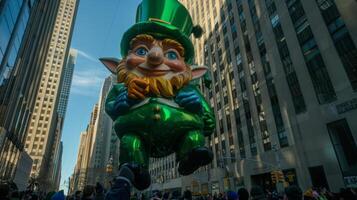 drukte verzamelen naar getuige de iconisch st. patricks dag optocht een geliefde traditie met kleurrijk drijft het marcheren bands en reusachtig ballonnen in de vorm van kabouters foto