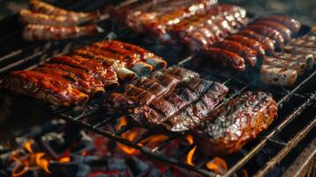 de verleidelijk aroma van gerookt vlees en hartig sauzen vulling de lucht met de onweerstaanbaar verleiden van onafhankelijkheid dag barbecues foto