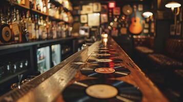 een humeurig en eclectisch atmosfeer met een bar bekleed met weggegooid vinyl records portie omhoog Op maat cocktails genaamd na ondergronds bands en muzikanten foto
