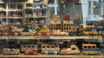 een Scherm van handgemaakt houten speelgoed inclusief auto's treinen en puzzels bewerkte met precisie en geschilderd met helder niet giftig kleuren foto