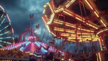 een levendig carnaval met ritten en spellen allemaal lit omhoog door helder knippert lichten tegen een donker lucht foto