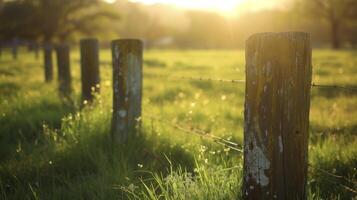 een groep van oud verweerd hek berichten staan in een weelderig groen veld- de gouden licht van de zon geven hen een nieuw leven foto