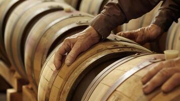 in een rustiek kelder handen voorzichtig beurt houten wijn vaten gelijkmatig verspreiden van de rijk smaken van veroudering wijn net zo het rijpt en ontwikkelt haar volmondig smaak foto