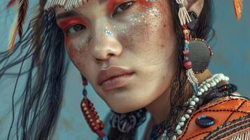een mode redactioneel met een fusie van traditioneel inheems Amerikaans en Aziatisch stijlen met ingewikkeld kralenwerk en stoutmoedig kleur combinaties foto