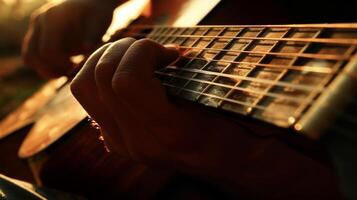 een detailopname van een gitaar met een personen vingers tokkelen de strings creëren een theutisch melodie dat resoneert met de eb en stromen van de golven foto