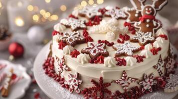 een feestelijk Kerstmis taart versierd met glazuur, hagelslag, en decoratief ornamenten weergegeven Aan een tafel foto
