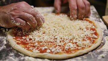 een persoon is gezien in elkaar zetten een pizza met kaas Aan top in een keuken instelling foto