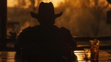 een eenzaam cowboy zit Bij een tafel terug naar de camera een drinken in voorkant van hem net zo enquêtes de tafereel. donker kleding en de litteken . foto