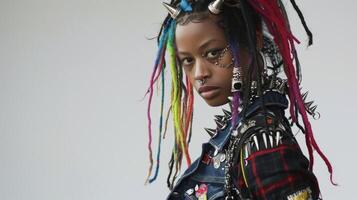 een zwart vrouw omarmt haar punk- opstand met woest bepaling haar kleurrijk dreadlocks versierd met metaal stekels en kettingen. ze draagt een gelaagde ensemble van gescheurd panty een versnipperd foto