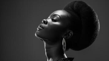 een vorstelijk zwart vrouw staat hoog haar elegant Kenmerken en strak kapsel gemarkeerd door de monochroom kleur regeling benadrukkend haar verfijnd stroom. foto