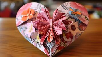 een grillig origami hart, speels versierd met bloemen patronen en ingewikkeld vouwen, creëren een een uit duizenden stuk van kunst. foto