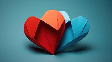 twee met elkaar verweven origami harten, een gemaakt van vurig rood papier en de andere van vredig blauw, vertegenwoordigen de passie en rust gevonden in een evenwichtig relatie. foto