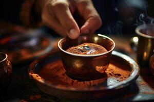 de geschoold handen van een barista voorzichtig bestrooi een snuifje van grond kaneel op de oppervlakte van een kop van Turks koffie. de geurig, aards aroma van kaneel verstrengelt zich met de rijk foto