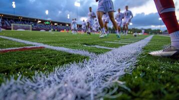 de geluid van schoenplaten Aan gras echo's gedurende de stadion net zo de spelers strijd het uit Aan de veld- foto