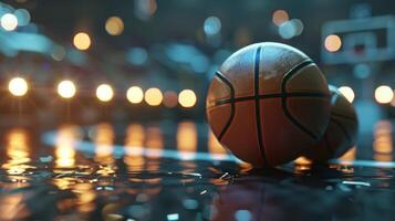 de glad glimmend oppervlakte van de basketbal reflecterend de stadion lichten foto
