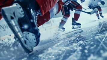 een intens spel van ijs hockey gevangen genomen van een detailopname hoek markeren de scherp messen in actie foto