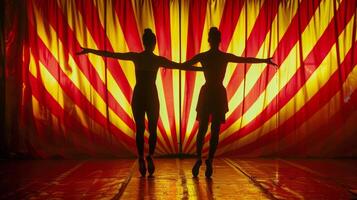 twee acrobaten met armen gekoppeld silhouetten staand uit tegen de levendig rood en geel strepen van de circus achtergrond. . foto