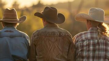 een groep van cowboys en cowgirls kruipen samen ruggen naar de camera net zo ze plan uit De volgende rijden. de warmte van de zon . foto