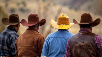 een groep van mannen staan met ruggen naar de camera gezichten verduisterd door de groot cowboy hoeden ze dragen. hand- standen . foto