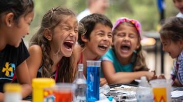 een groep van kinderen lachend en aan het leren net zo ze deelnemen in een pret en leerzaam handzoon werkzaamheid creëren hun eigen mini biobrandstof motoren gebruik makend van gemeenschappelijk huishouden artikelen. foto