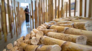 bezoekers naar de kunst galerij zijn begroet door een reusachtig xylofoon gemaakt van sorghum stengels elk een produceren een uniek en rustgevend geluid wanneer geslagen met een houten hamer. foto