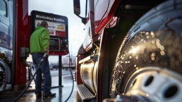 een detailopname beeld van een vrachtauto bestuurder tanken hun voertuig Bij een gas- station. in de achtergrond een teken weergeven biobrandstof mengsel kan worden gezien wijzend op dat deze gas- station is een deel van foto