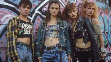 in de Jaren 90 een band poses voor een foto in voorkant van een graffiti bedekt muur. de lood zangers grunge-geïnspireerd flanel overhemd en gescheurd jeans contrast met de glinsterende Bijsnijden tops en