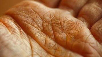de kruisende lijnen en hoeken gevormd door de plooien en rimpels Aan de palm van een hand. foto
