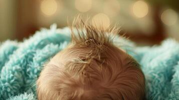 de zacht lap van donsachtig haar- Aan een pasgeborenen hoofd symboliseert hun vers aankomst in de wereld. foto