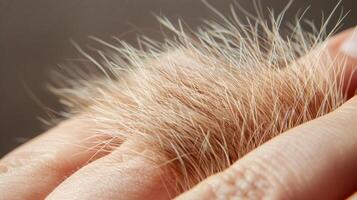 een lap van wazig haar- Aan de terug van een hand- demonstreren de natuurlijk voorkomen van haar- Aan allemaal gebieden van de lichaam. foto