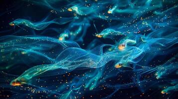 een betoverend dans van licht en kleur net zo een school- van bioluminescent vis Actie in eenstemmig door de donker wateren hun gloeiend lichamen creëren een magisch en betoverend zicht foto