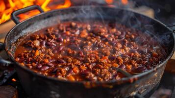 een groot pot van Chili sudderen over- een Open vlam vulling de lucht met een heerlijk aroma Bij de texasstijl cookout foto