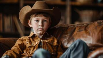 een weinig jongen gekleed omhoog in een cowboy hoed en laarzen gretig wacht de begin van de film klaar naar worden vervoerd naar de wild west foto