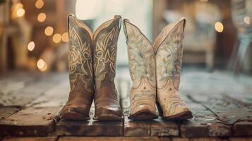 twee sets van perfect gepolijst wijnoogst cowboy laarzen staan kant door kant een met een stoffig spangled ontwerp en de andere met delicaat bloemen patronen foto