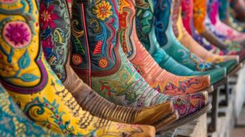 een kleurrijk Scherm van helder geborduurd cowboy laarzen presentatie van de verschillend stijlen en cultureel invloeden gevonden in de wereld van wijnoogst western mode foto