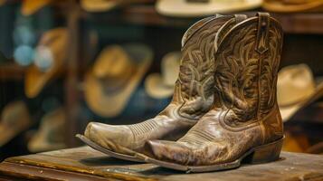 auteurs rustiek laarzen en verweerd hoed Aan Scherm symboliseert de geest en authenticiteit van cowboy poëzie foto