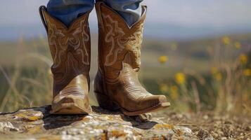 een paar- van cowboy laarzen perfect geschaald naar beneden voor een kinderen voeten staan voor de geest van de robuust en gedurfd cowboys van de Verleden foto