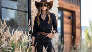 een chique en strak helemaal zwart kleding krijgt een tintje van western flair met de toevoeging van een uitspraak riem en robuust cowboy laarzen foto