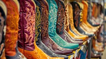 rijen van cowboy laarzen in divers kleuren en ontwerpen bekleed omhoog tegen de muur van de op te slaan foto