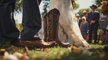 een oprecht moment gedurende de ceremonie net zo de bruidegoms gepersonaliseerd cowboy laarzen versierd met de bruiloft datum zijn gepresenteerd naar hem door de vader van de bruid foto