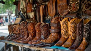 een verkoper verkoop handgemaakt leer goederen inclusief ingewikkeld bewerkt cowboy laarzen en riemen foto