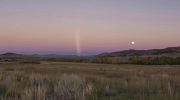 net zo de vol maan stijgt hoger in de lucht een maanboog vormen haar etherisch kleuren gieten een spellen Aan de omgeving landschap foto