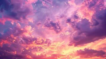 de lucht lijkt naar komen levend in deze detailopname structuur met een oogverblindend Scherm van gloeiend wolken geschilderd in tinten van roze oranje en Purper brengen naar geest een mystiek zonsondergang foto