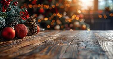dichtbij omhoog visie van een rustiek houten tafelblad met twee wazig Kerstmis bomen in de achtergrond foto