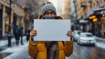 vrouw Holding blanco teken Aan stad straat in winter foto