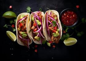 drie heerlijk getrokken varkensvlees taco's met avocado, rood ui, en koriander foto